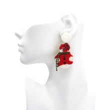 Load image into Gallery viewer, WHITE POMPOM CHRISTMAS SNOWMAN STATEMENT EARRIGNS, UNIQUE HOLIDAY PARY FASHION EARRINGS
