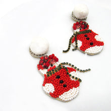 Load image into Gallery viewer, WHITE POMPOM CHRISTMAS SNOWMAN STATEMENT EARRIGNS, UNIQUE HOLIDAY PARY FASHION EARRINGS
