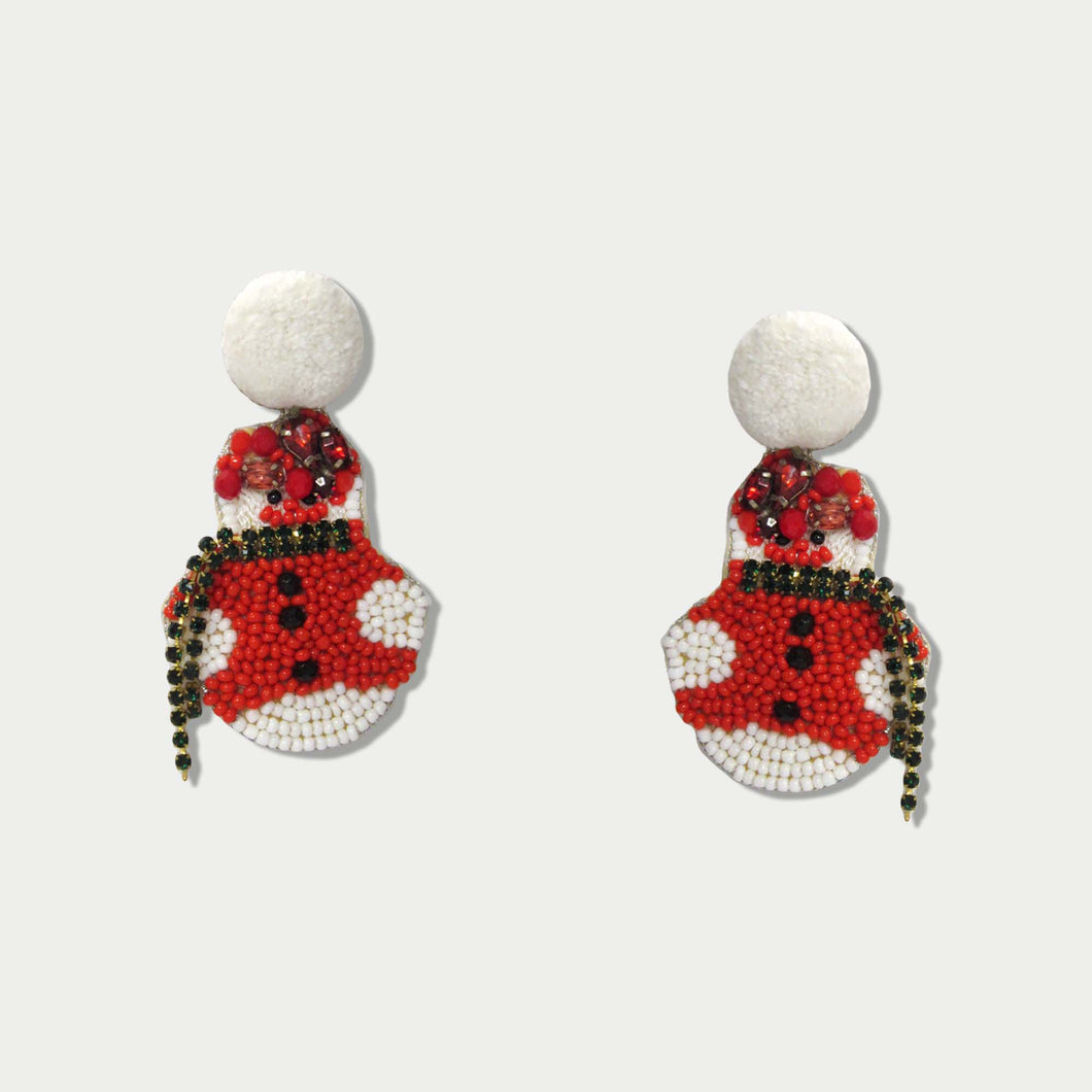 WHITE POMPOM CHRISTMAS SNOWMAN STATEMENT EARRIGNS, UNIQUE HOLIDAY PARY FASHION EARRINGS