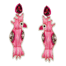 Load image into Gallery viewer, PINK TROPICAL BIRD PARROT STATEMENT EARRINGS, BEAD AND THREAD BIRD DROP EARRINGS
