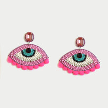 Load image into Gallery viewer, BEADED EVIL EYES POMPOM DROP EARRINGS
