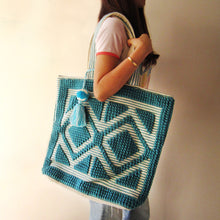 Load image into Gallery viewer, TURQUOISE TERRY BEACH BAG FOR WOMEN UNIQUE EMBROIDERY SHOULDER BAG
