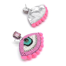 Load image into Gallery viewer, BEADED EVIL EYES POMPOM DROP EARRINGS
